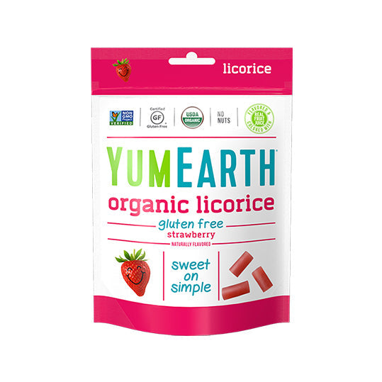 142 gram pink and white bag of YumEarth Organic Gluten Free Strawberry Licorice