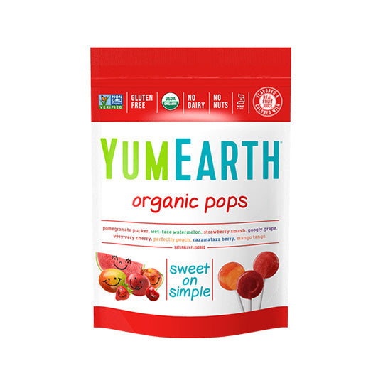 87 gram red and white bag of YumEarth Organic Assorted Lollipops