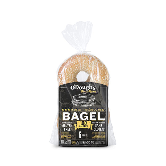 300 gram black and yellow bag of O'Doughs Sesame Bagel Thins