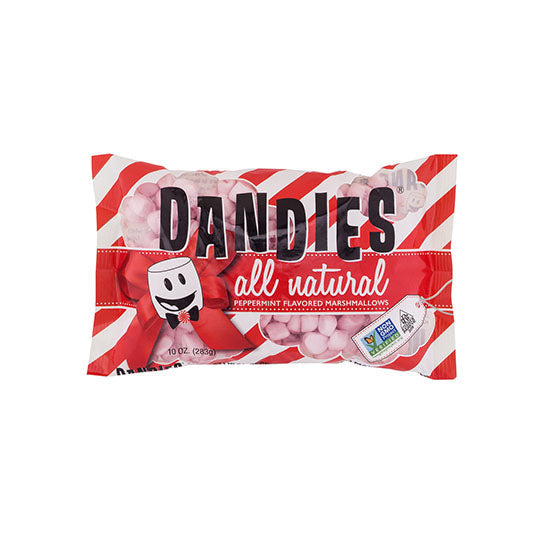 Dandies peppermint vegan marshmallows in red & white candy cane bag