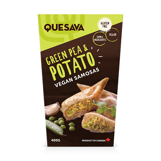 400 gram green & brown box of green pea &potato vegan samosas