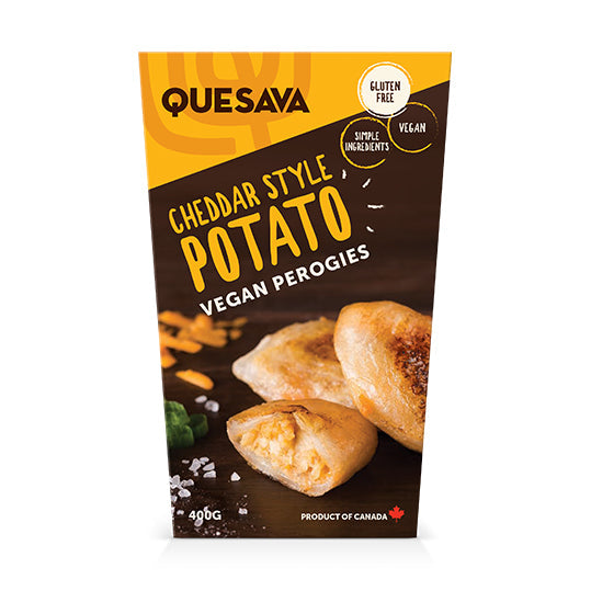 400 gram yellow & brown box of cheddar & potato vegan perogies