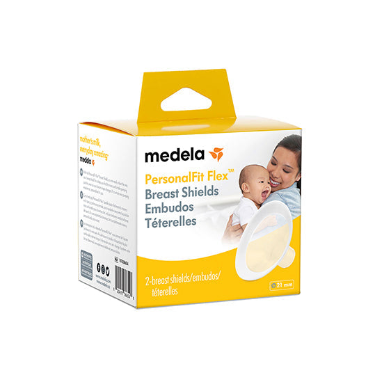 Medela PersonalFit Flex Breast Shields 21mm box, white and yellow packaging.