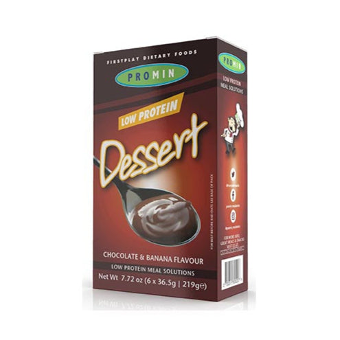 219 gram brown yellow and green box of Promin Dessert - Chocolate & Banana.