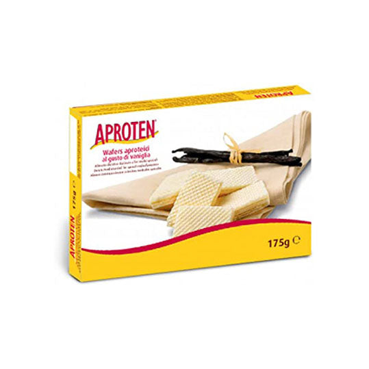 175 gram of yellow red and white box of Aproten Vanilla Wafers