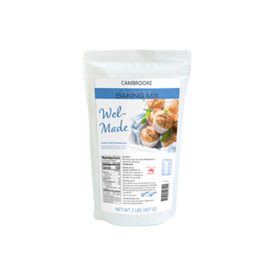 907 gram blue and white package of Cambrooke Wel-Made Baking Mix