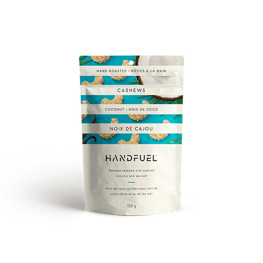 150 gram blue and white bag of Handfuel Coconut Cashews