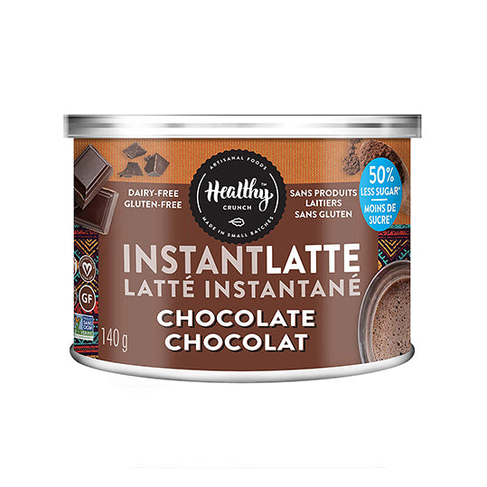 140 gram brown can of Healthy Crunch Latte Mix Chocolate