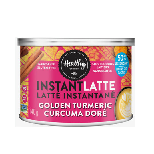 140 gram pink and orange can of Healthy Crunch Latte Mix Golden Turmeric