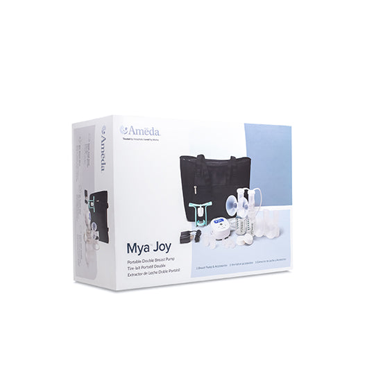 Ameda Mya Joy DELUXE W/ TOTE Double Electric Breast Pump box, white and blue packaging with contents pictured.