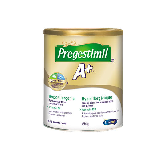 454 gram yellow green and white can of Pregestimil A+.
