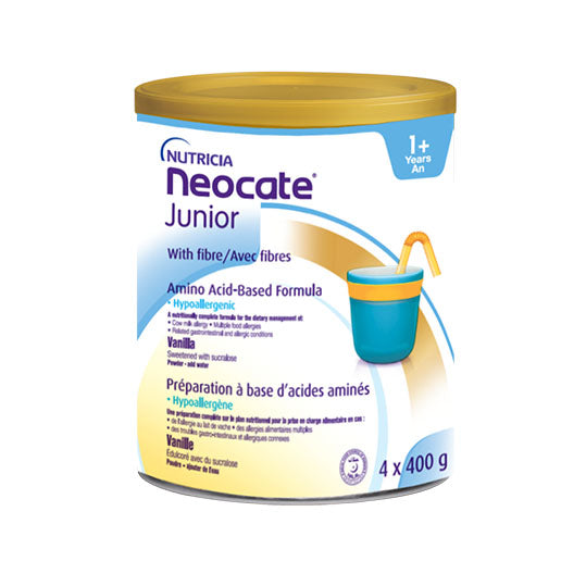 Blue, White & Yellow 400 gram can of neocate junior with fibre in vanilla.