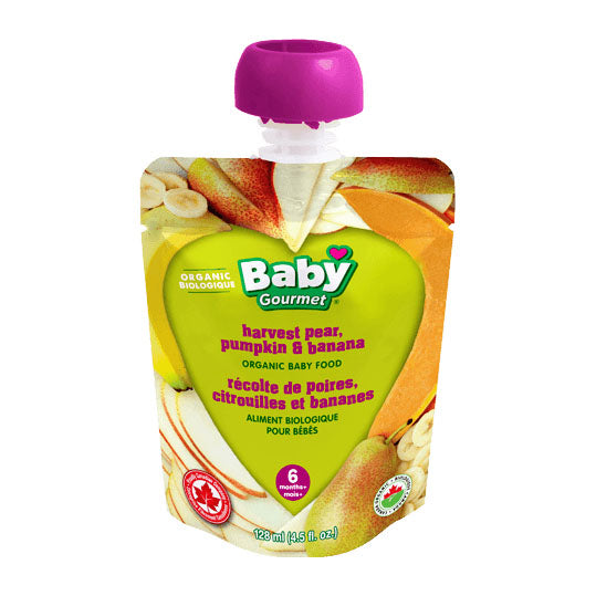 Baby Gourmet organic harvest pear, pumpkin and banana, green packaging with fruit pictured, twist off purple cap, 128mL.
